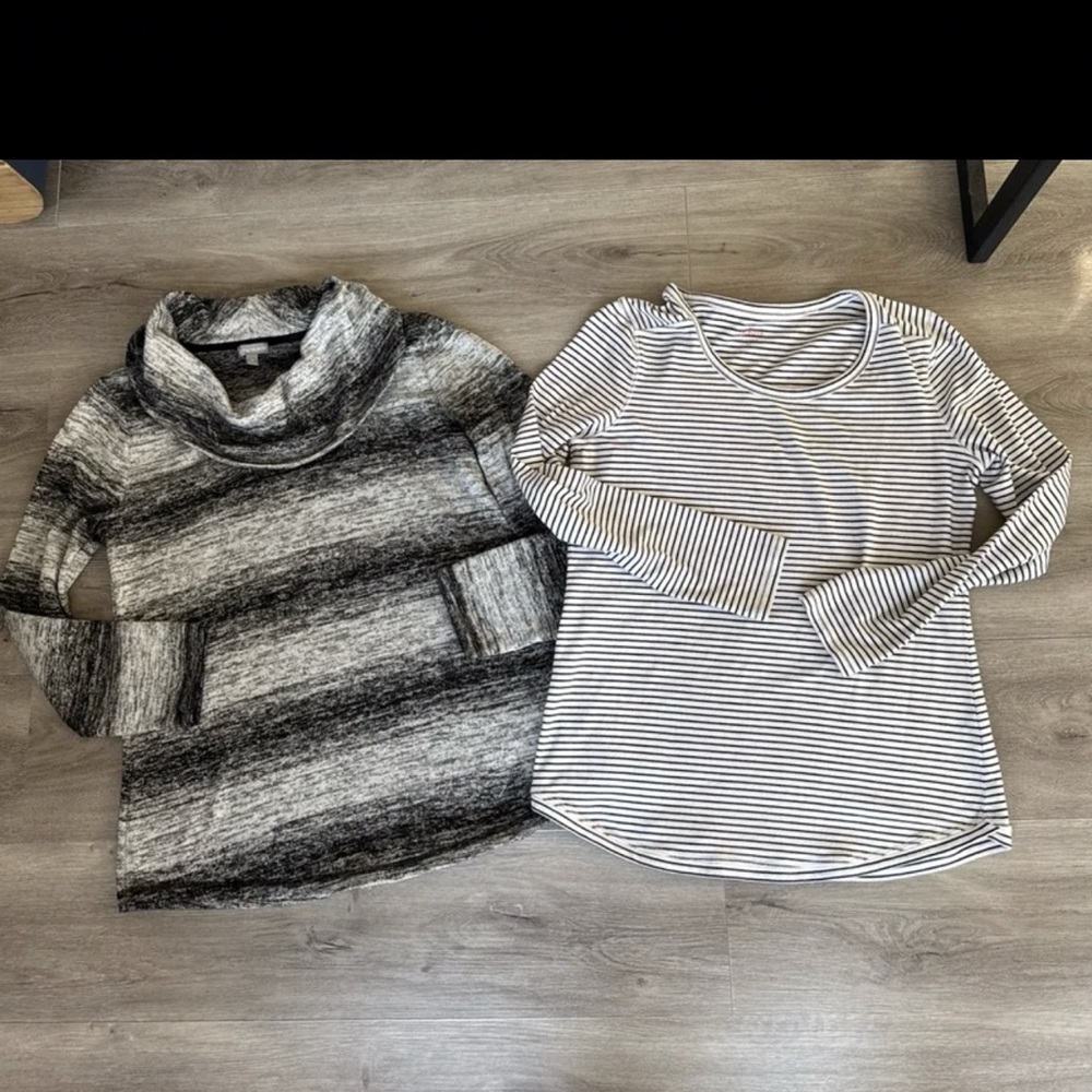2 Talbots Size M Tops Grey & Black Knit Cowl Neck Curve hem & Stripe Stretch Top